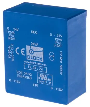 Produktfoto 1 von Block Printtrafo, Trafo 115 V ac, 230 V ac / 24 V ac 2 Ausg. 24 VA 68 mm x 31.4mm x 57 mm 0.98 kg Stift