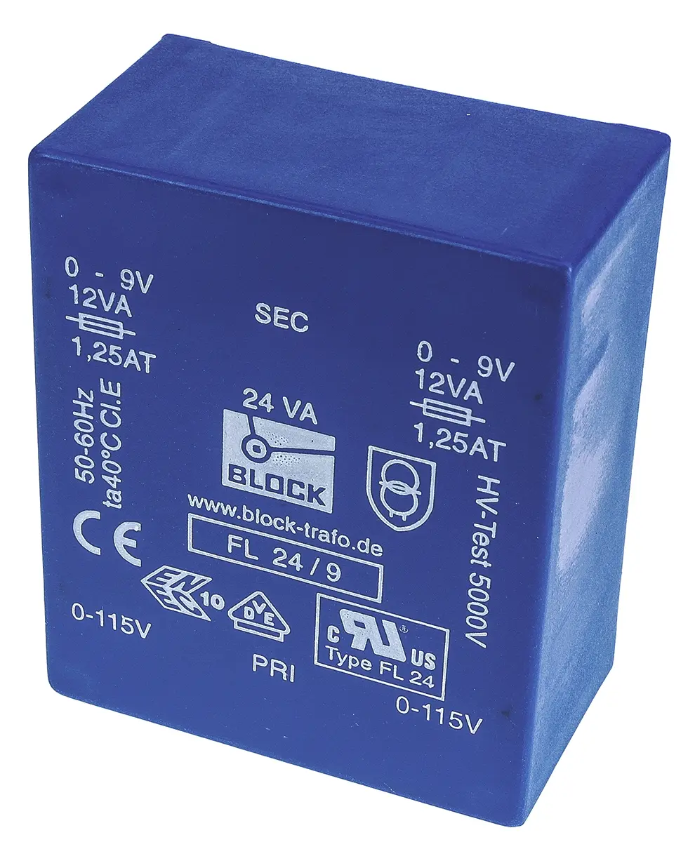 Produktfoto 1 von Block Printtrafo, Trafo 115 V ac, 230 V ac / 9 V ac 2  Ausg. 68 mm x 31.4 mm x 57 mm 0.98 kg Stift