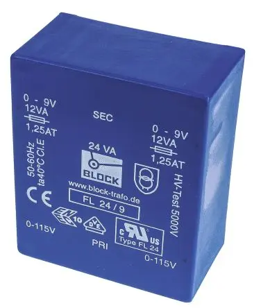 Produktfoto 1 von Block Printtrafo, Trafo 115 V ac, 230 V ac / 9 V ac 2 Ausg. 24 VA 68 mm x 31.4mm x 57 mm 0.98 kg Stift