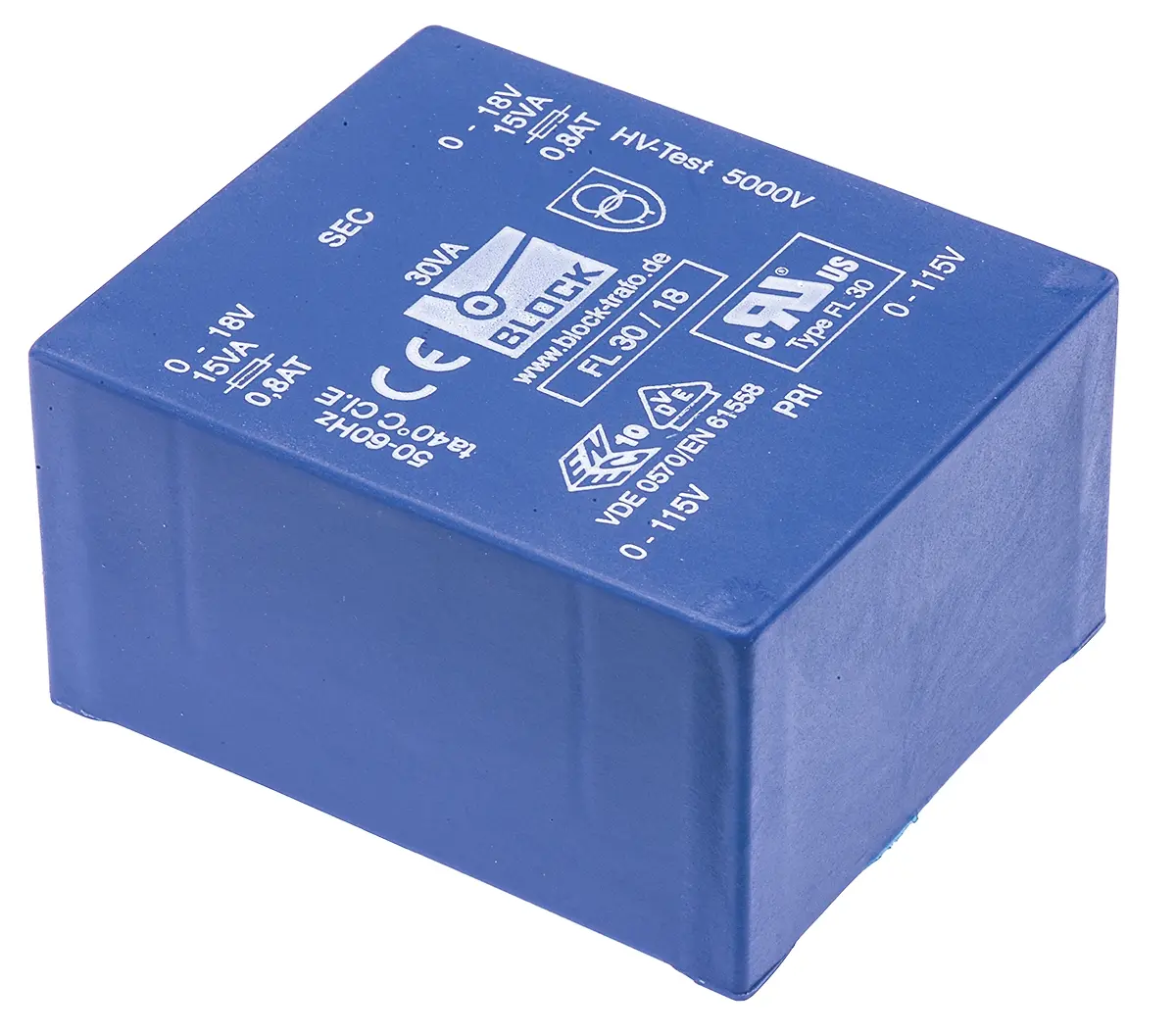 Produktfoto 1 von Block Printtrafo, Trafo 115 V ac, 230 V ac / 18 V ac 2  Ausg. 68 mm x 35.8 mm x 57 mm 0.98 kg Stift