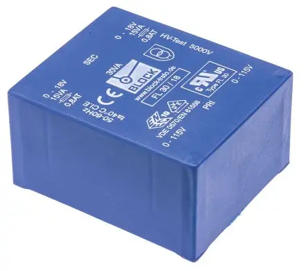 Produktfoto 1 von Block Printtrafo, Trafo 115 V ac, 230 V ac / 18 V ac 2 Ausg. 30 VA 68 mm x 35.8mm x 57 mm 0.98 kg Stift