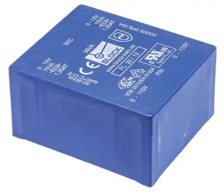 Produktfoto 1 von Block Printtrafo, Trafo 115 V ac, 230 V ac / 12 V ac 2 Ausg. 30 VA 68 mm x 44mm x 57 mm 0.98 kg Stift