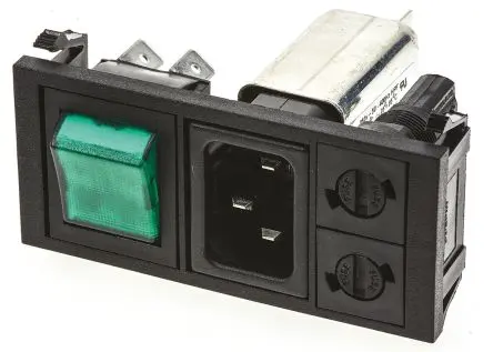 Bulgin 10A C14 IEC Filterung Stecker mit 2-Pol Schalter 5 x 20 mm Sicherung, 250V ac, Einrastmontage, 2