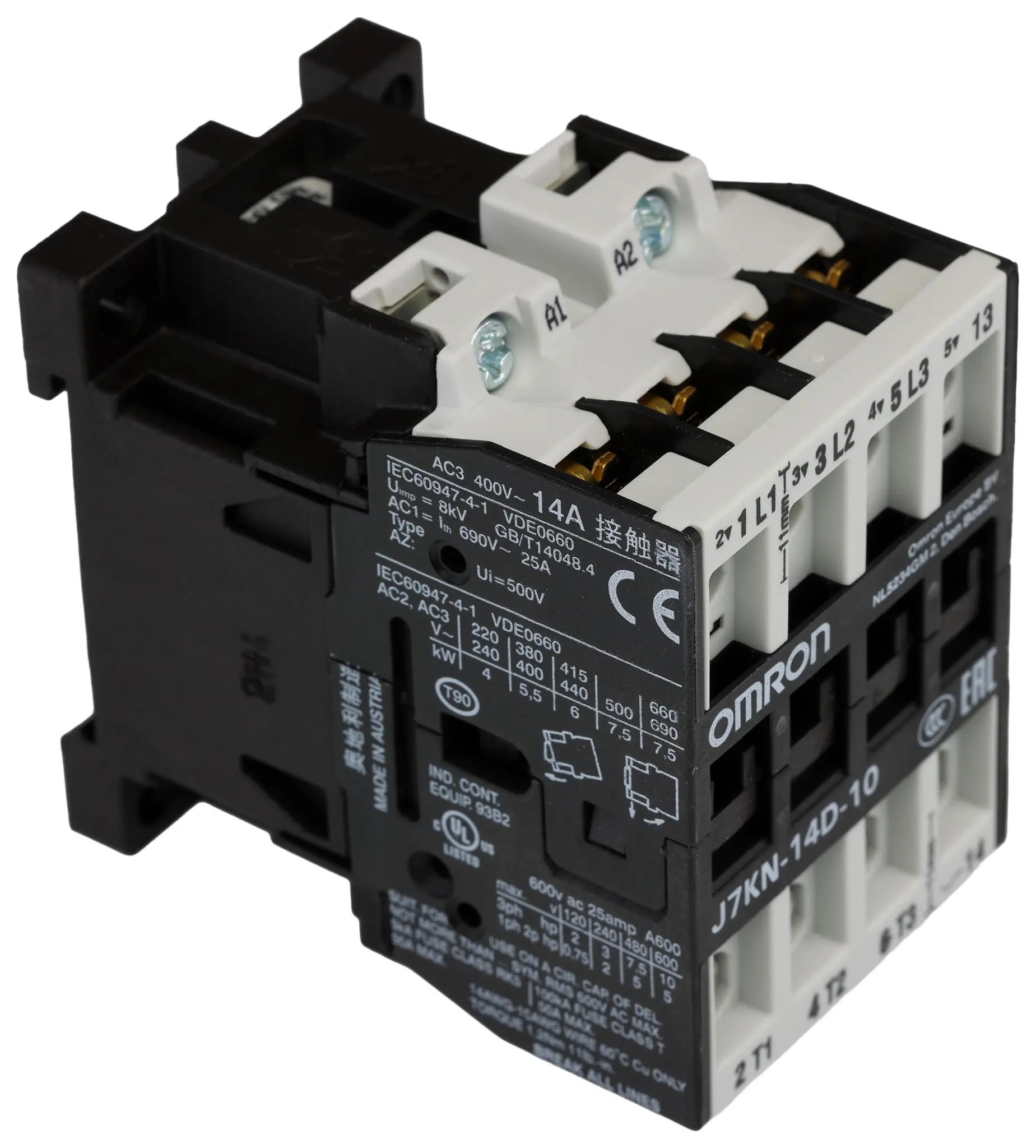 Produktfoto 1 von Omron J7KN Schütz 24 V-Spule, 3-polig / 14 A 5.5 kW 1 Schließer 1-Hilfskontakte