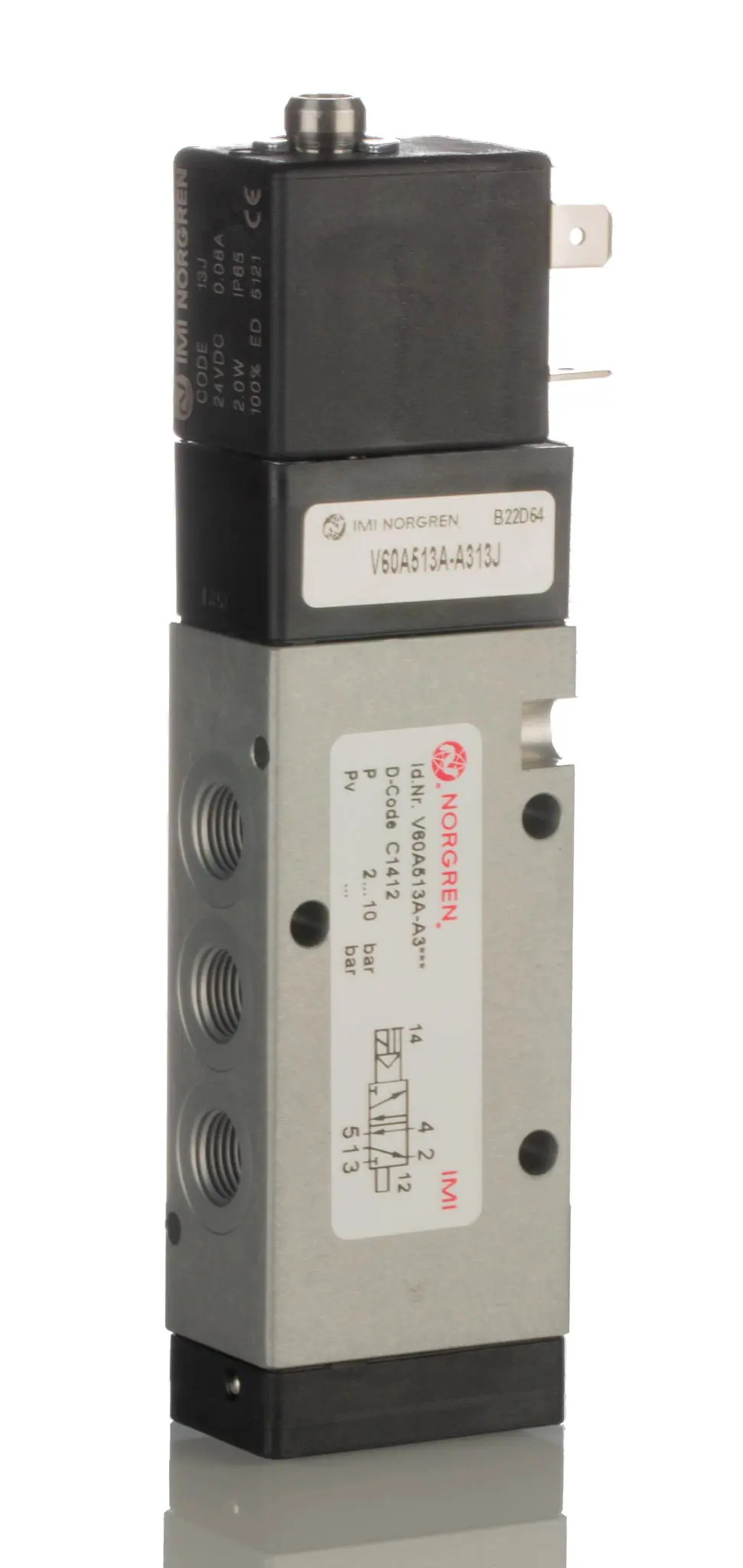 Produktfoto 1 von Norgren V60 Pneumatik-Magnetventil 5/2 Inline G1/8, Magnet/Luft-betätigt