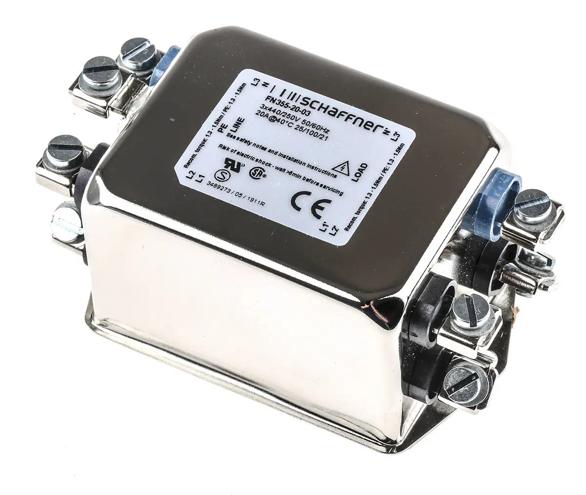 Schaffner FN355 EMV-Filter, 440V ac, 20 A, Flanschmontage 3.4 W, Schraubbefestigung, 3-phasig 0.29 mA / 400 Hz 1