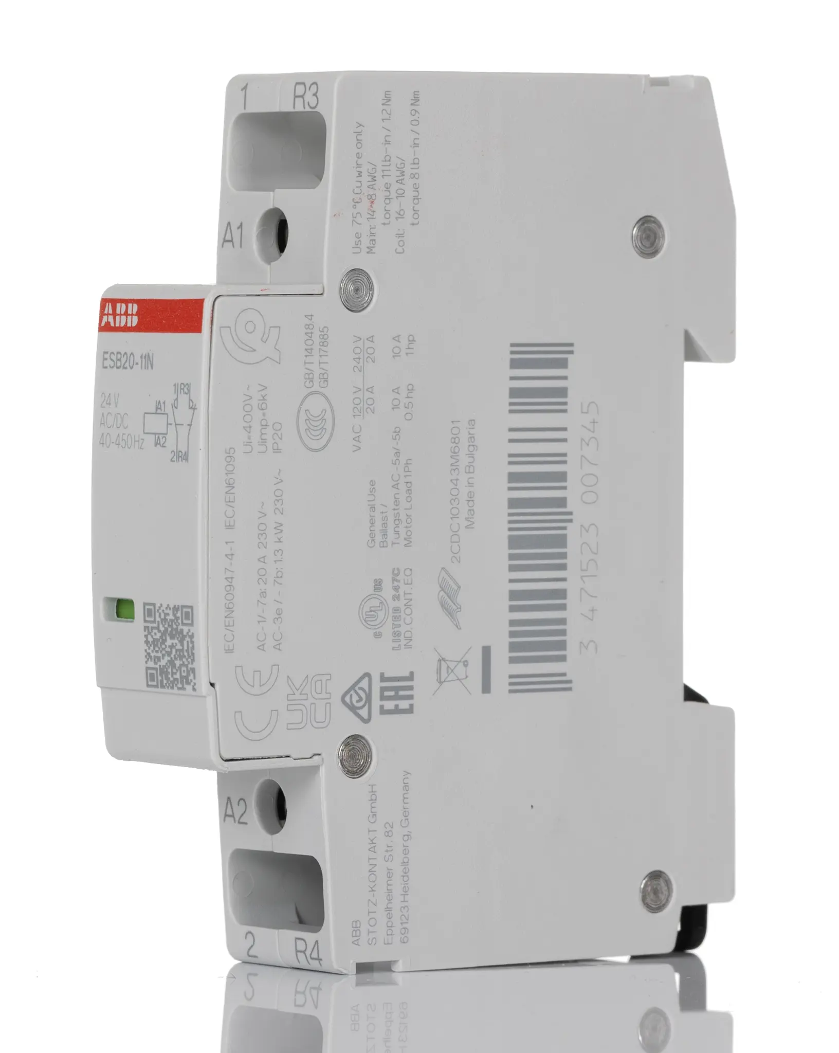 Produktfoto 1 von ABB ESB20 Schütz 24 V-Spule, 2-polig, 250V / 20 A 24 V 4.6 kW 1 Schließer/1 Öffner Sicherheit