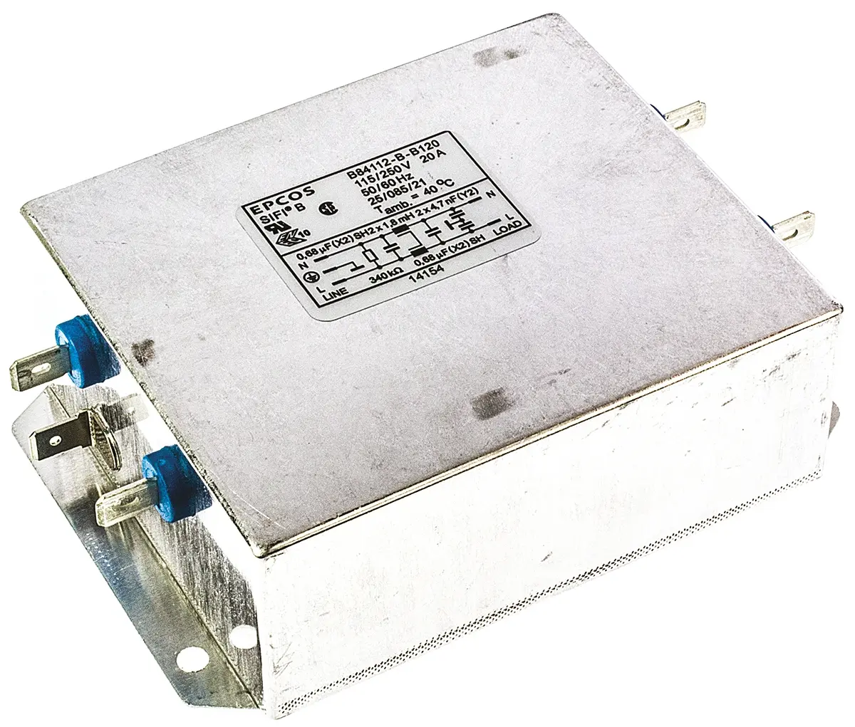 EPCOS B84112B EMV-Filter, 250V ac, 20 A, Fahrgestell, Stecker, 1-phasig 0.369 mA / 50/60 Hz 1 Zustände