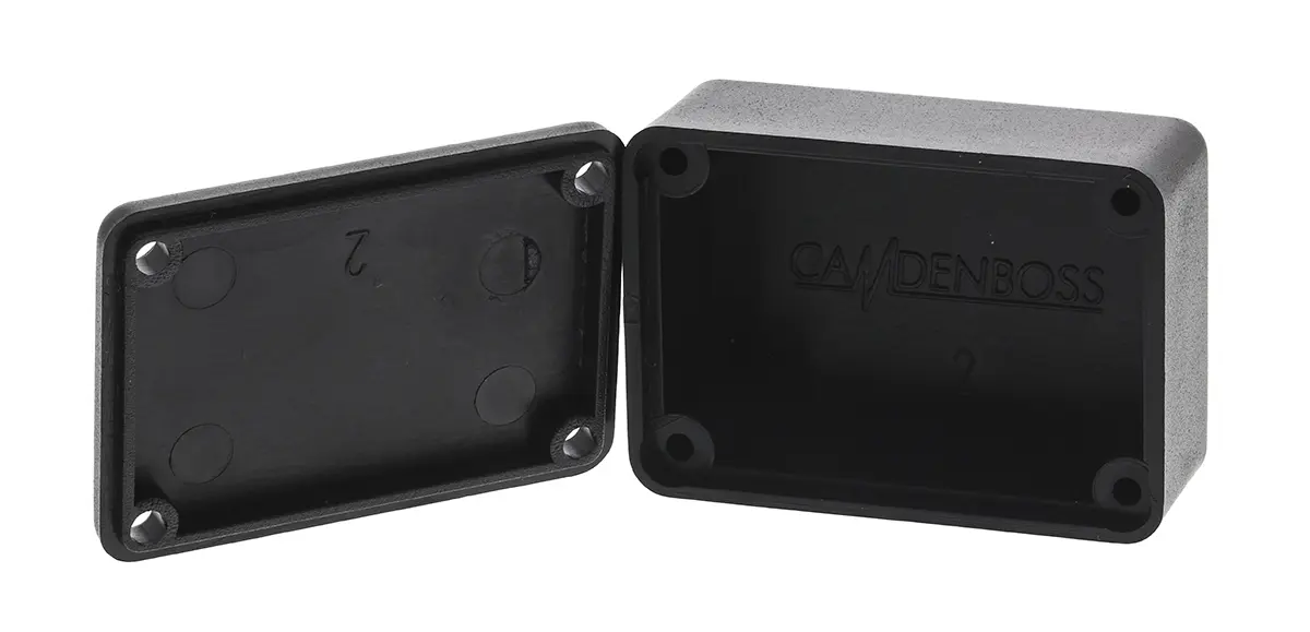 Produktfoto 1 von CAMDENBOSS ABS Vergussmassenbox Deckel, Schwarz, 34 mm 16 mm, 24 mm, Wandstärke 1.8 mm, IP30, IP40, -10 °C min., 60 °C