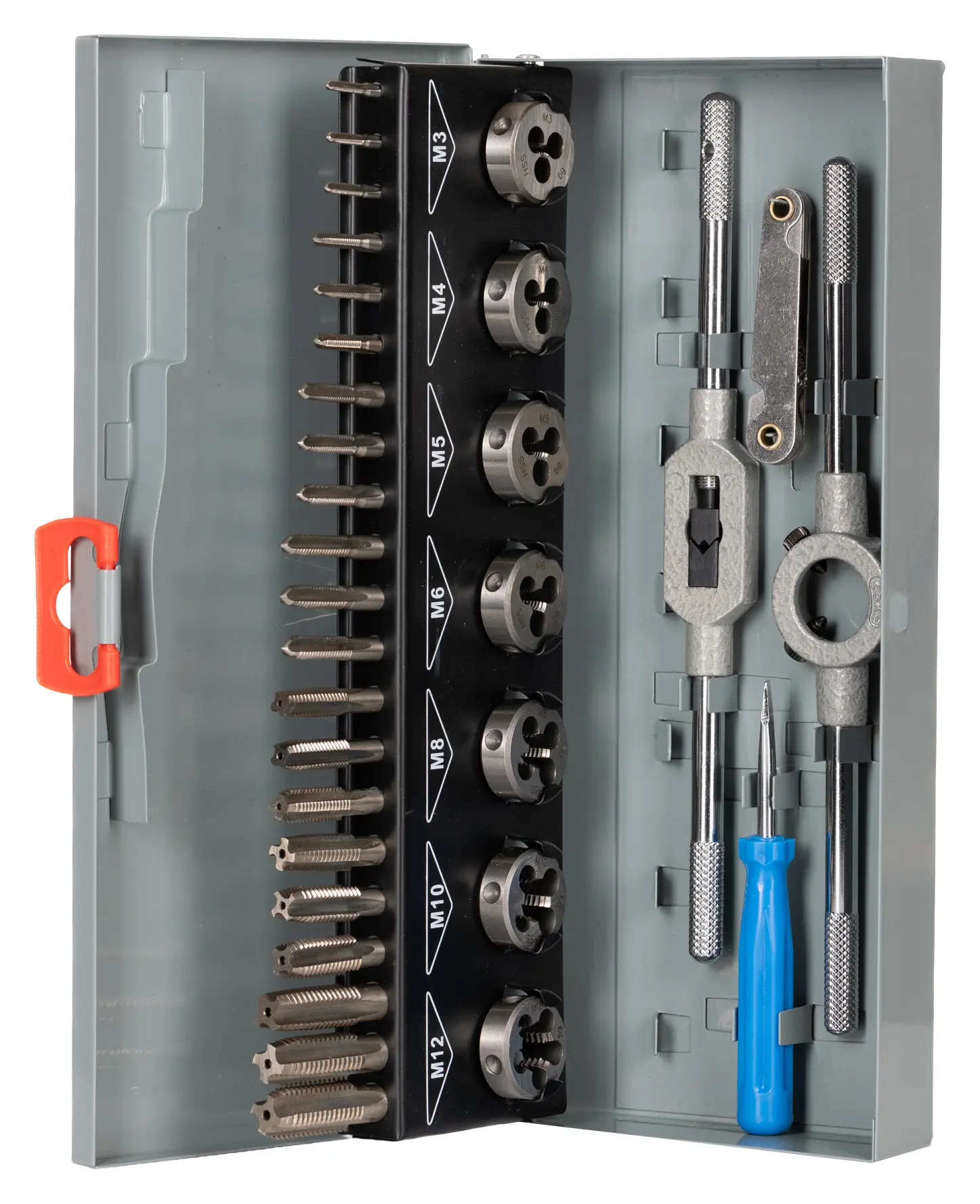 Produktfoto 1 von RS PRO HSS Gewindeschneider Satz, 32-teilig Gewindebohrer M3 → M12, Matrizen M3 → M12