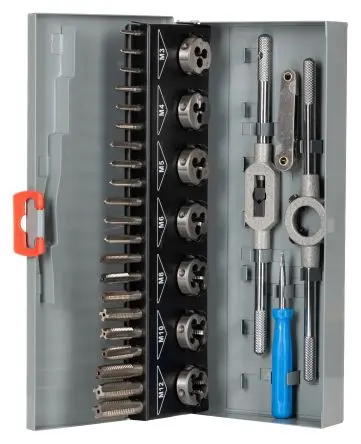 Produktfoto 1 von RS PRO HSS Gewindeschneider Satz, 32-teilig Gewindebohrer M3 → M12, Matrizen M3 → M12