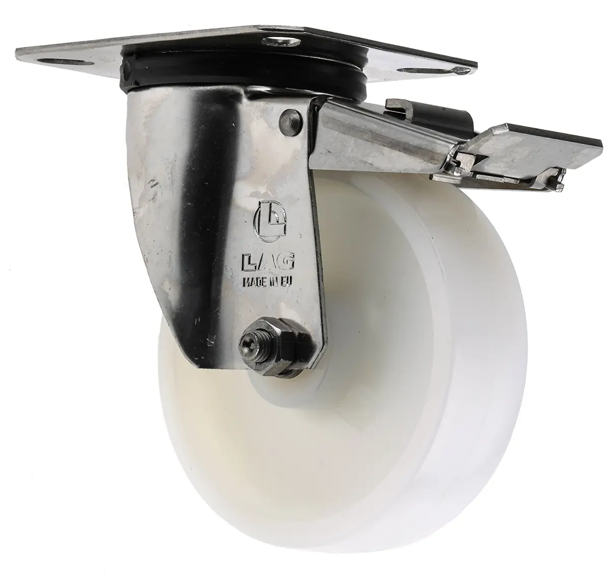 Produktfoto 1 von LAG Gebremst, schwenkbar Lenkrolle, Rad ø 100mm, 150kg, Ges H. 128mm, Rad B. 30mm, 102 x 83mm, Platte,