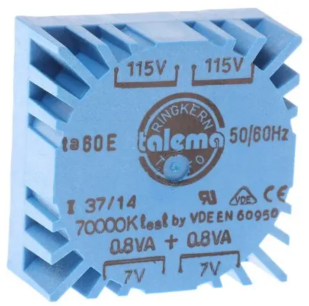 Produktfoto 1 von Nuvotem Talema Ringkerntransformator, Primär 230 V ac / Sekundär 2 x 7 V ac 2 Ausg. 1.6 VA, 114mA 82 g 60 Hz 50 Hz