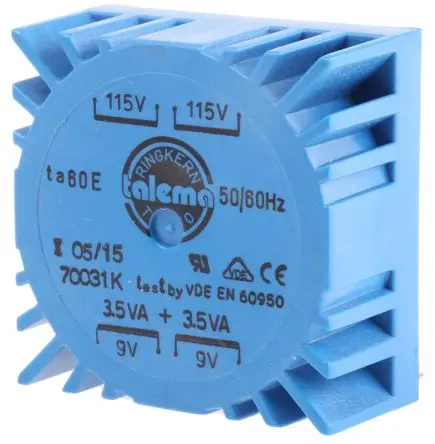 Produktfoto 1 von Nuvotem Talema Ringkerntransformator, Primär 230 V ac / Sekundär 2 x 9 V ac 2 Ausg. 7 VA, 389mA 174 g 60 Hz 50 Hz