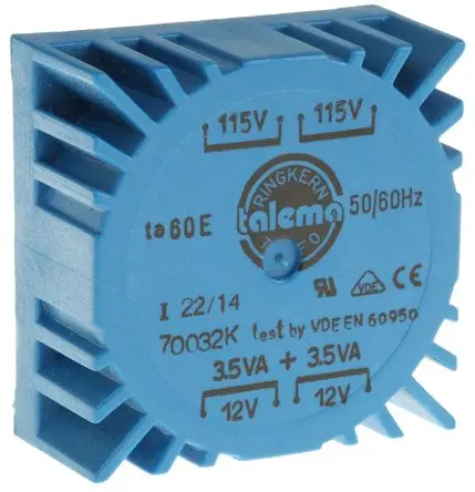 Produktfoto 1 von Nuvotem Talema Ringkerntransformator, Primär 230 V ac / Sekundär 2 x 12 V ac 2 Ausg. 7 VA, 292mA 174 g 60 Hz 50 Hz