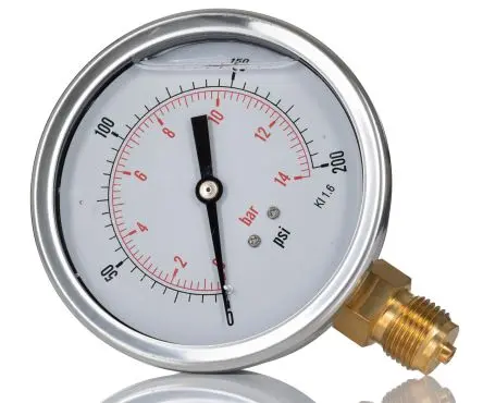 Produktfoto 1 von RS PRO 1/2 Zoll BSP Manometer 100 mm 0 psi → 200 psi Edelstahl Gehäuse BSP 1/2 in