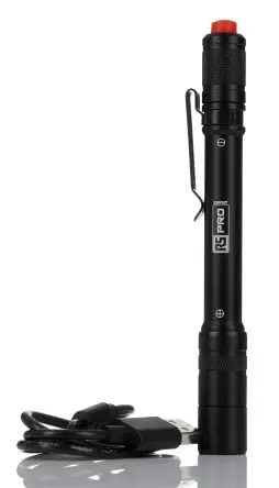 Produktfoto 1 von RS PRO Wiederaufladbar Stift-Taschenlampe LED Schwarz, 375 lm / RSPRO-P46R, 152 mm