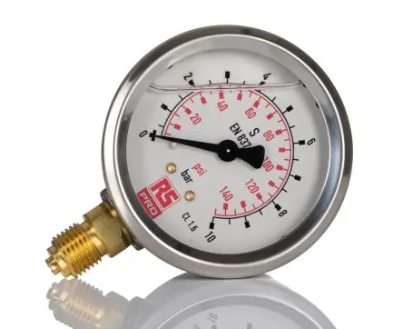 Produktfoto 1 von RS PRO Typ G Manometer 63 mm 0 bar → 10 bar ±1.6 % Edelstahl Gehäuse G 1/4