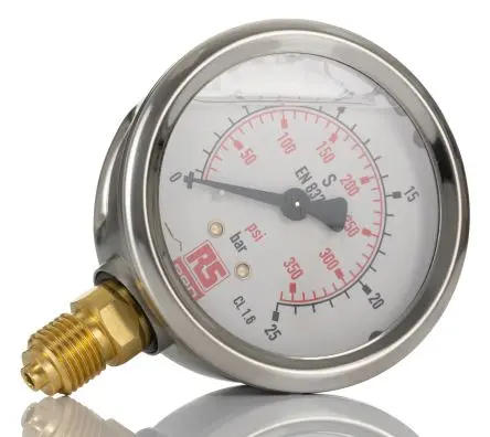 Produktfoto 1 von RS PRO Typ G Manometer 63 mm 0 bar → 25 bar ±1.6 % Edelstahl Gehäuse G 1/4