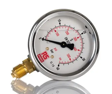 Produktfoto 1 von RS PRO Typ G Manometer 63 mm 0 bar → 40 bar ±1.6 % Edelstahl Gehäuse G 1/4