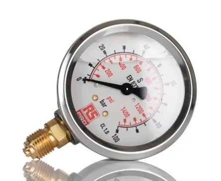 Produktfoto 1 von RS PRO Typ G Manometer 63 mm 0 bar → 100 bar ±1.6 % Edelstahl Gehäuse G 1/4