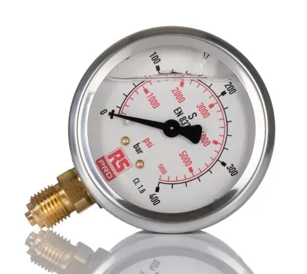 Produktfoto 1 von RS PRO Typ G Manometer 63 mm 0 bar → 400 bar ±1.6 % Edelstahl Gehäuse G 1/4