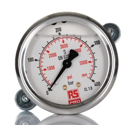 Produktfoto 1 von RS PRO Typ G Manometer 63 mm 0 bar → 400 bar ±1.6 % Edelstahl Gehäuse G 1/4