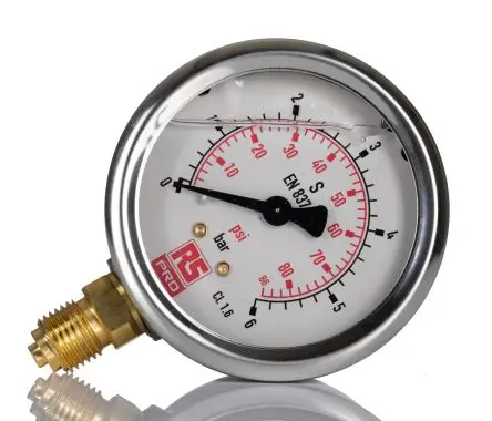 Produktfoto 1 von RS PRO Typ G Manometer 63 mm 0 bar → 6 bar ±1.6 % Edelstahl Gehäuse G 1/4