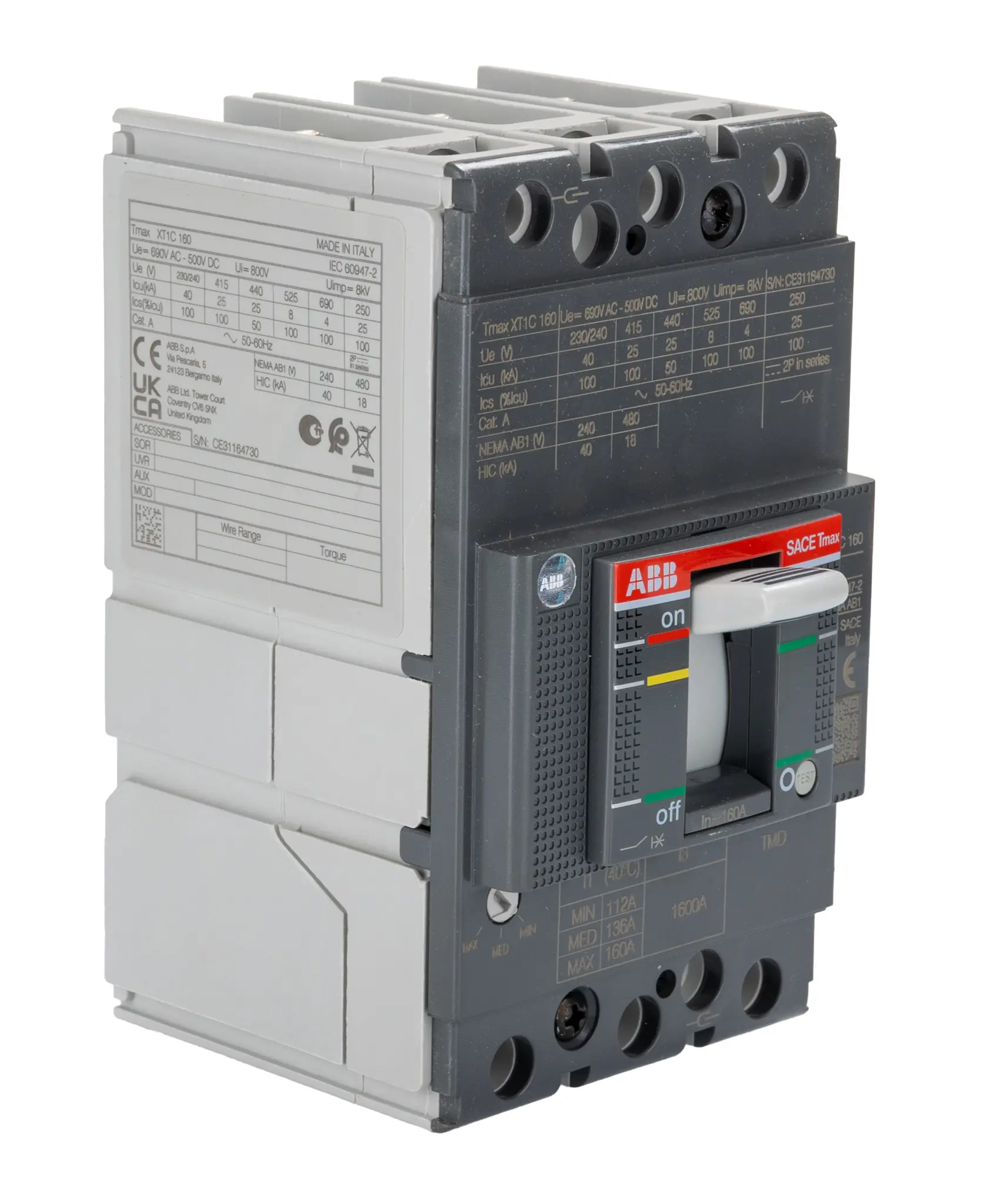 Produktfoto 1 von ABB SACE Tmax XT XT1C, Kompaktschutzschalter 3-polig, 160 A Feststehend / Abschaltvermögen 4 kA 690 V ac 500 V dc