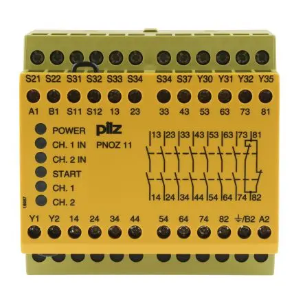 Produktfoto 1 von Pilz PNOZ 11 Sicherheitsrelais 24V ac/dc, 7 Sicherheitskontakte, 1 Hilfsschalter EAC (Eurasian), EN 60204-1, CE, VDE