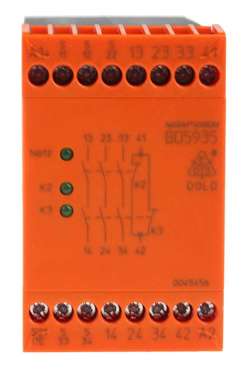 Produktfoto 1 von Dold BD 5935 Sicherheitsrelais, 24V dc, 1, 2-Kanal, 4 Sicherheitskontakte Not-Aus, 4 ISO 13849-1 3 SIL IEC 61508