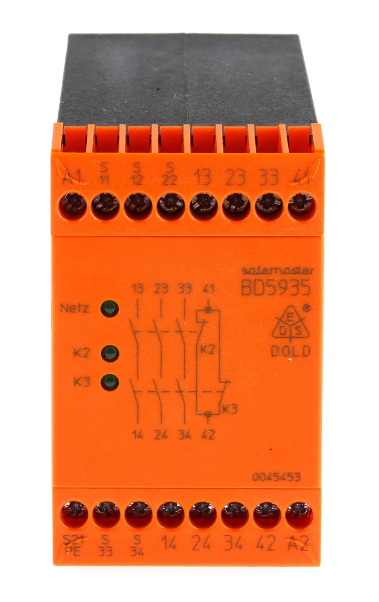 Produktfoto 1 von Dold BD 5935 Sicherheitsrelais, 230V ac, 2-Kanal, 3 Sicherheitskontakte Not-Aus, 1 Hilfsschalter, 4 ISO 13849-1,