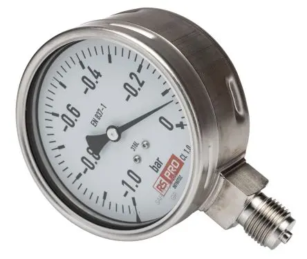 Produktfoto 1 von RS PRO 7094796 Manometer 100 mm -1 bar → 0 bar ±1 % Edelstahl Gehäuse G 1/2