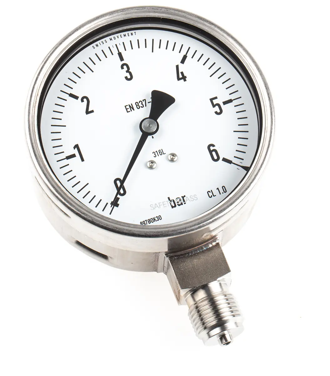 Produktfoto 1 von RS PRO Druckmessgerät Analog 0bar, Ø 100mm Edelstahl Gehäuse, ISO-kalibriert
