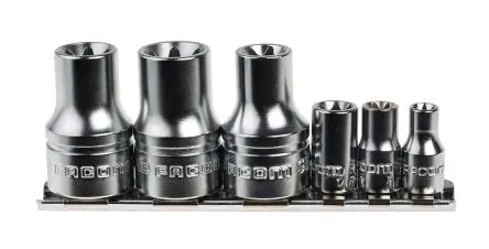 Produktfoto 1 von Facom Steckschlüsselsatz 1/2 in, 1/4 in Vierkant Standard (1/4 in) E6, E8, E10, (1/2 in) E12, E14, E16 6-teilig