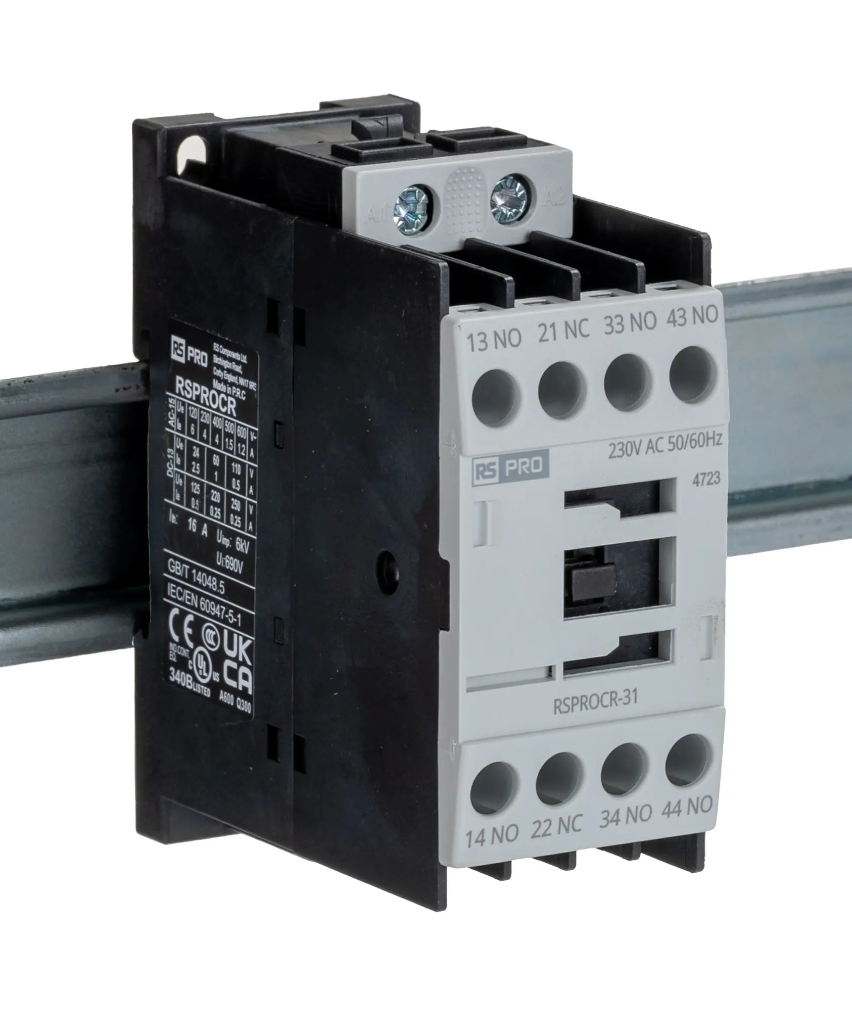 Produktfoto 1 von RS PRO Schütz 230 V ac-Spule, 1-polig, 500V / 4 A 110 V 3 Schließer, 1 Öffner Elektromechanisch 4-Hilfskontakte