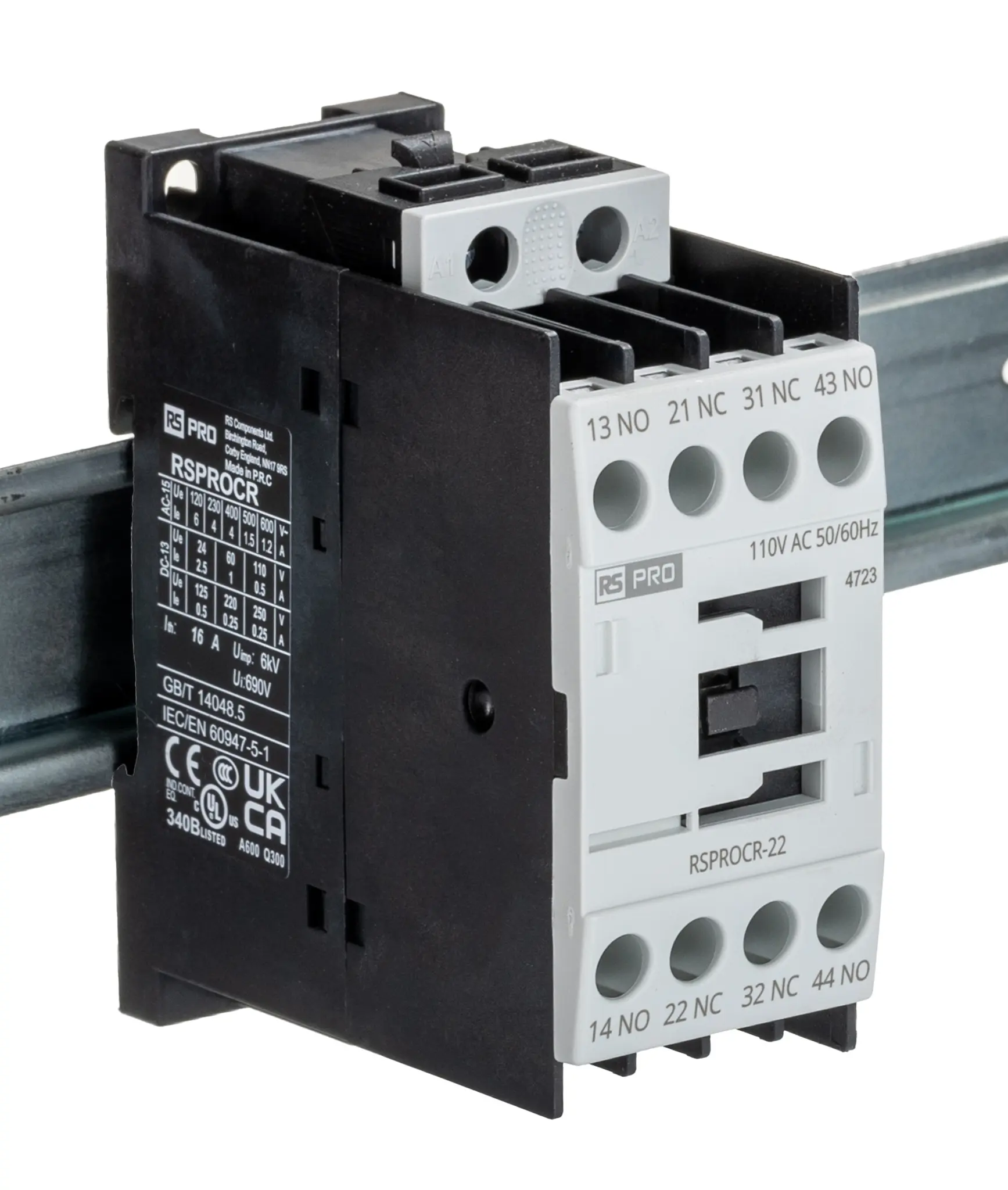 Produktfoto 1 von RS PRO Schütz 110 V ac-Spule, 1-polig, 500V / 4 A 110 V ac 2 Schließer/2 Öffner Elektromechanisch 4-Hilfskontakte