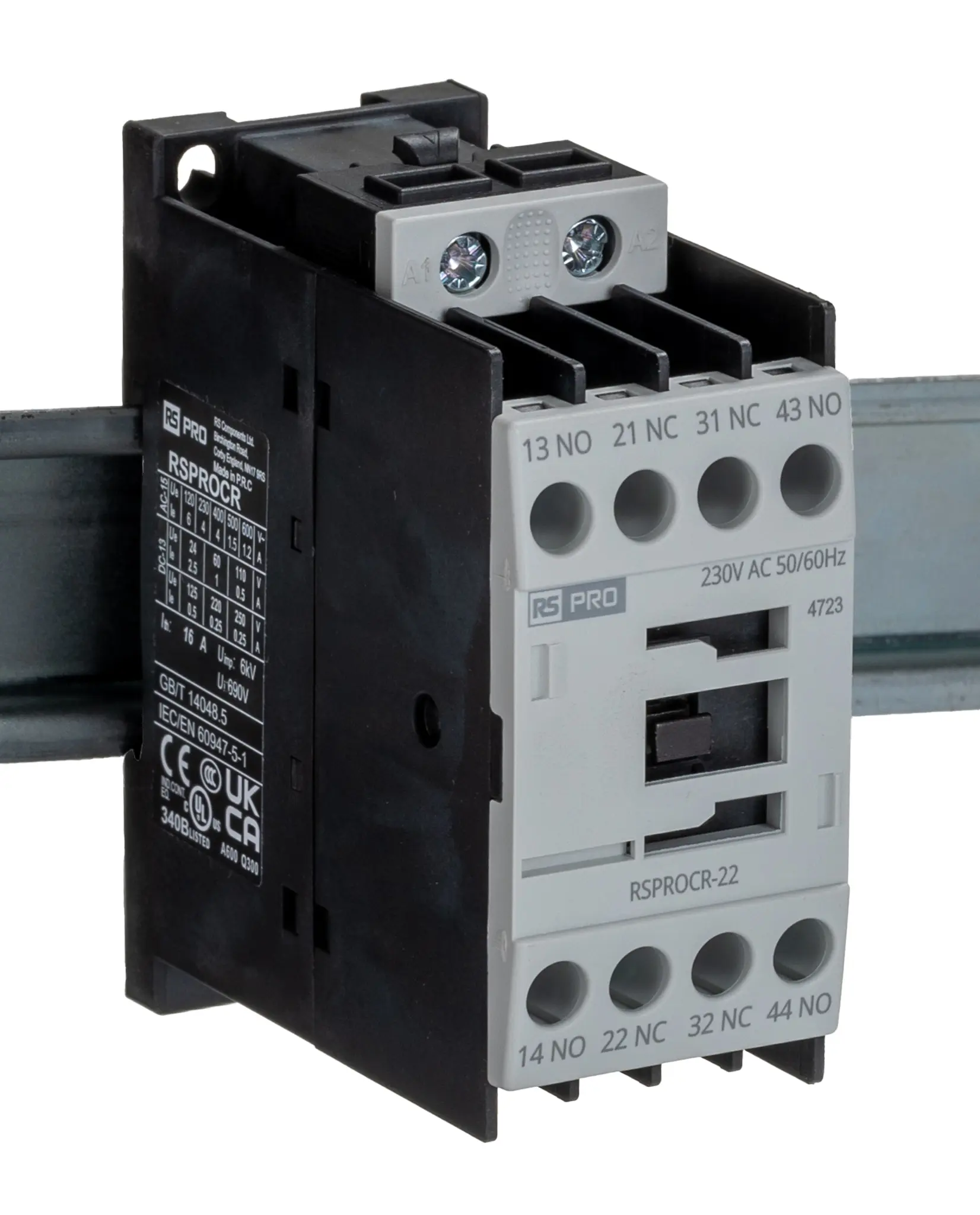 Produktfoto 1 von RS PRO Schütz 230 V ac-Spule, 1-polig, 500V / 4 A 110 V 2 Schließer/2 Öffner Elektromechanisch 4-Hilfskontakte