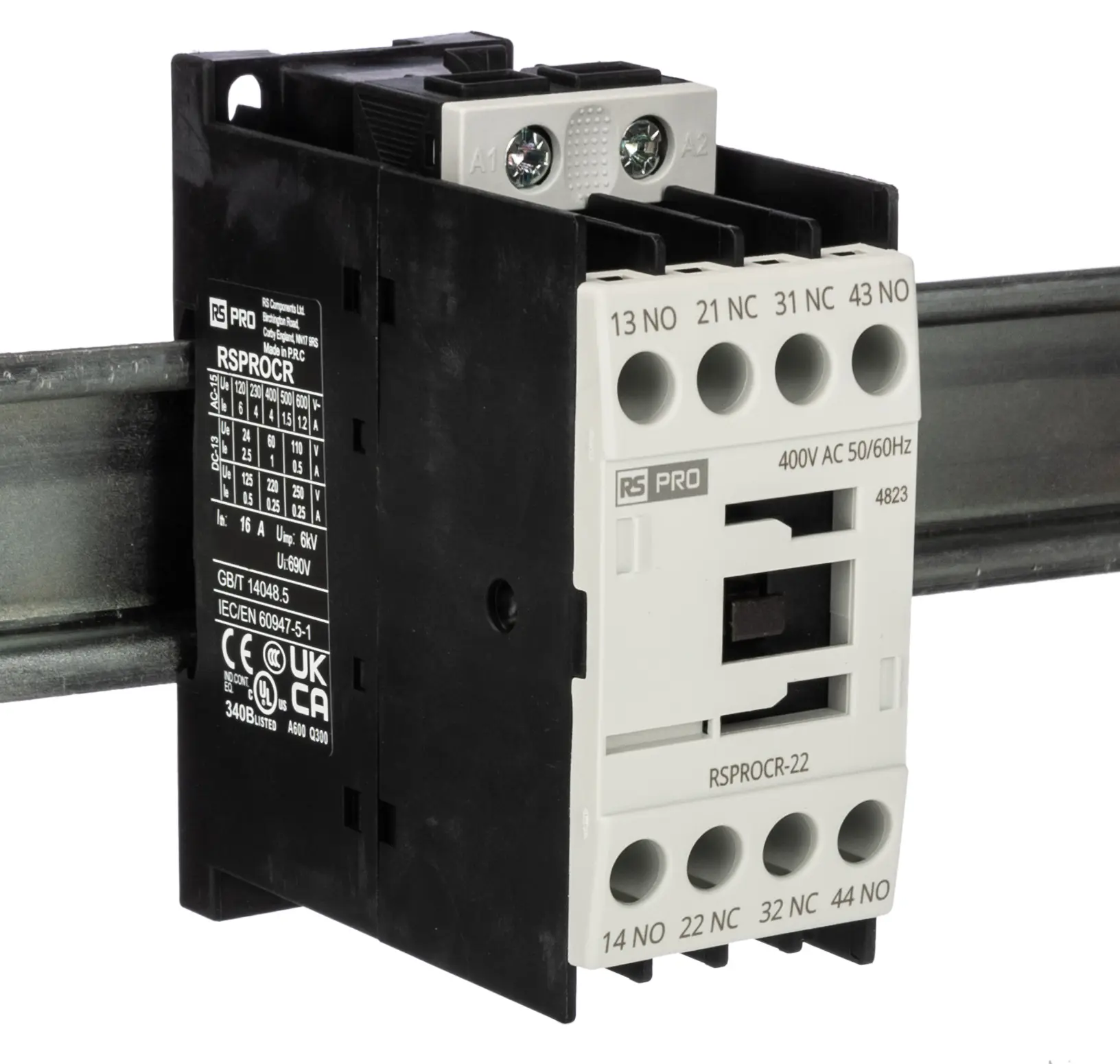 Produktfoto 1 von RS PRO Schütz 400 V ac-Spule, 1-polig, 500V / 4 A 400 V ac 2 Schließer/2 Öffner Elektromechanisch 4-Hilfskontakte