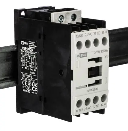 Produktfoto 1 von RS PRO Schütz 24V ac-Spule, 1-polig, 500V / 4 A 24V ac 3 Schließer, 1 Öffner Elektromechanisch 4-Hilfskontakte