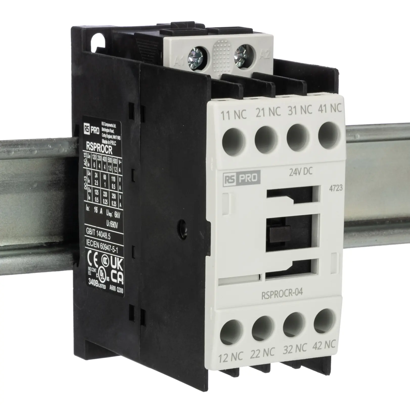 Produktfoto 1 von RS PRO Schütz 24 V dc-Spule, 1-polig, 500V / 4 A 24 V dc 4 Schließer Elektromechanisch 4-Hilfskontakte