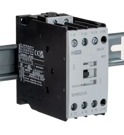 Produktfoto 1 von RS PRO Schütz 24V dc-Spule, 3-polig, 690V / 25 A 24V dc 11 kW 1 Öffner Elektromechanisch 1-Hilfskontakte