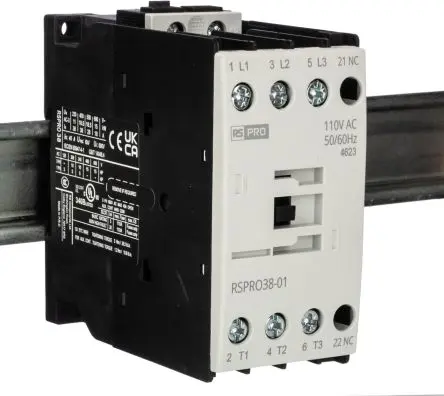 Produktfoto 1 von RS PRO Schütz 110V ac-Spule, 3-polig, 690V / 38 A 24V 18.5 kW 1 Öffner Elektromechanisch 1-Hilfskontakte