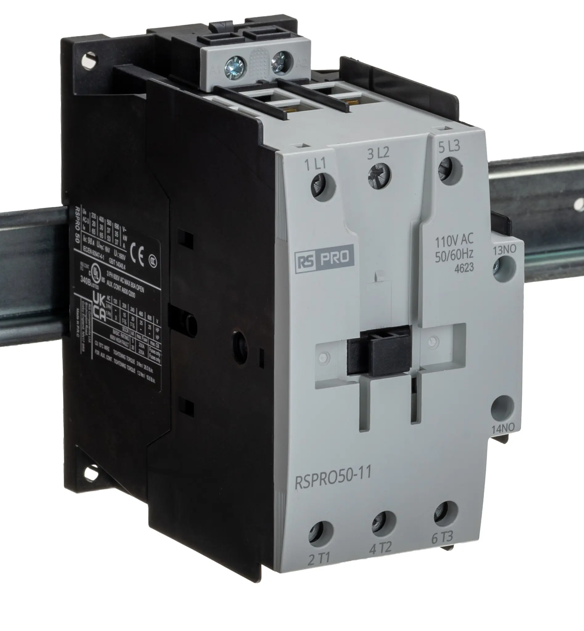 Produktfoto 1 von RS PRO Schütz 110 V ac-Spule, 3-polig, 690V / 50 A 24 V 22 kW 1 Schließer/1 Öffner Elektromechanisch 2-Hilfskontakte