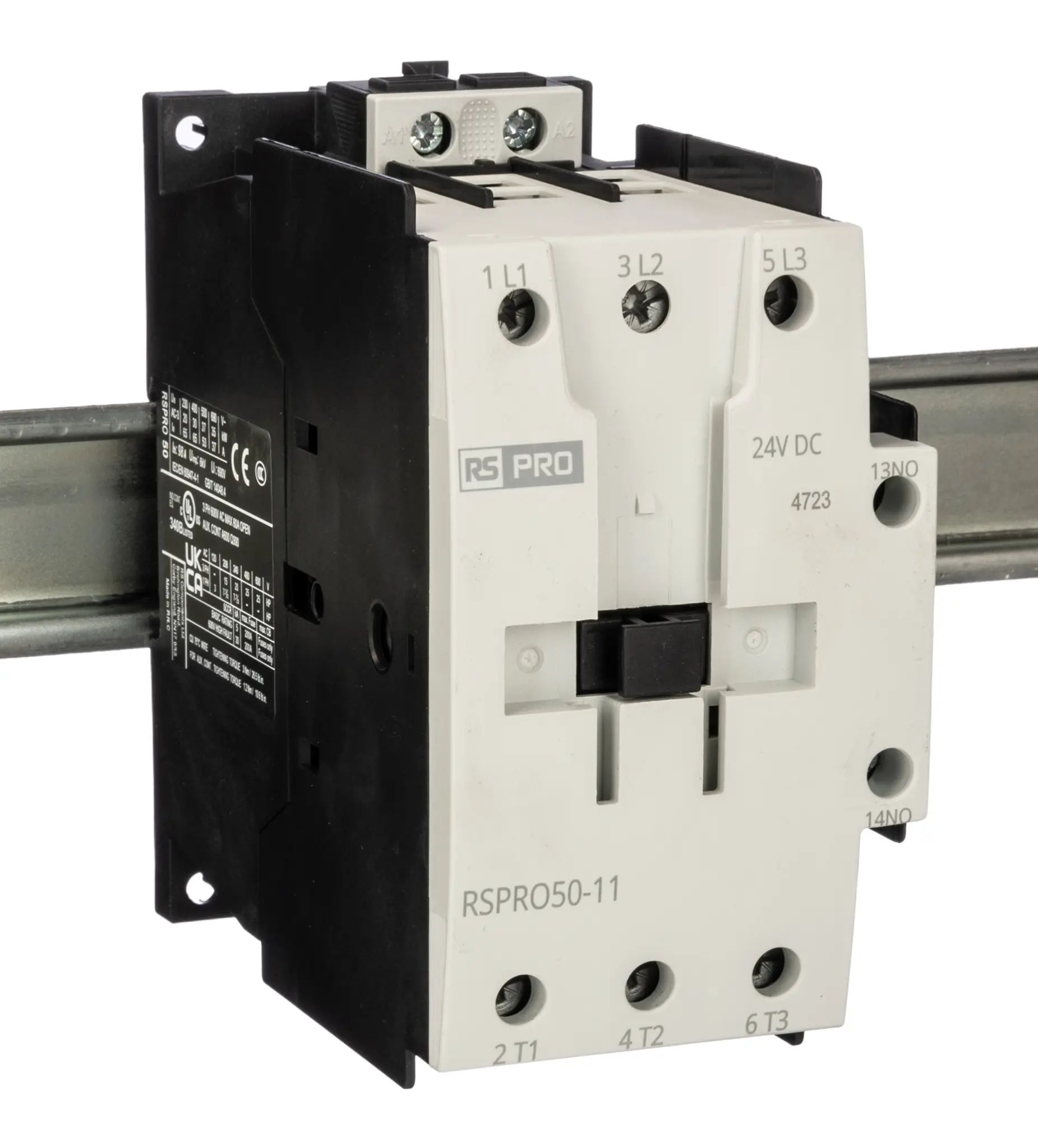 Produktfoto 1 von RS PRO Schütz 24 V dc-Spule, 3-polig, 690V / 50 A 24 V dc 22 kW 1 Schließer/1 Öffner Elektromechanisch 2-Hilfskontakte