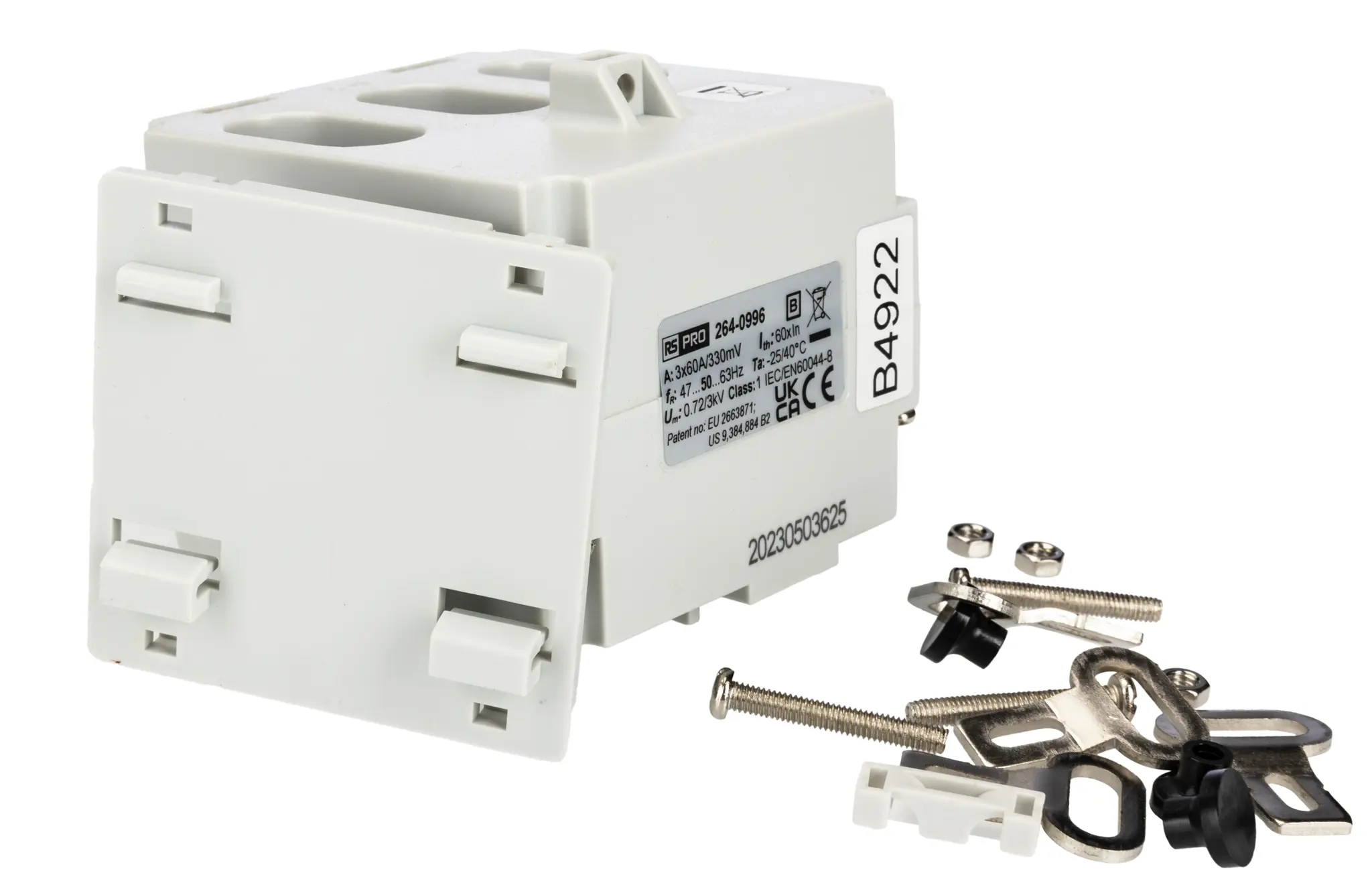 Produktfoto 1 von RS PRO Stromwandler DIN-Schienen, Sammelschiene, Fuß, DIN-Schiene, 3 x 60A 60A, Leitermaß 30 x 15.5mm, 76mm x 76mm x