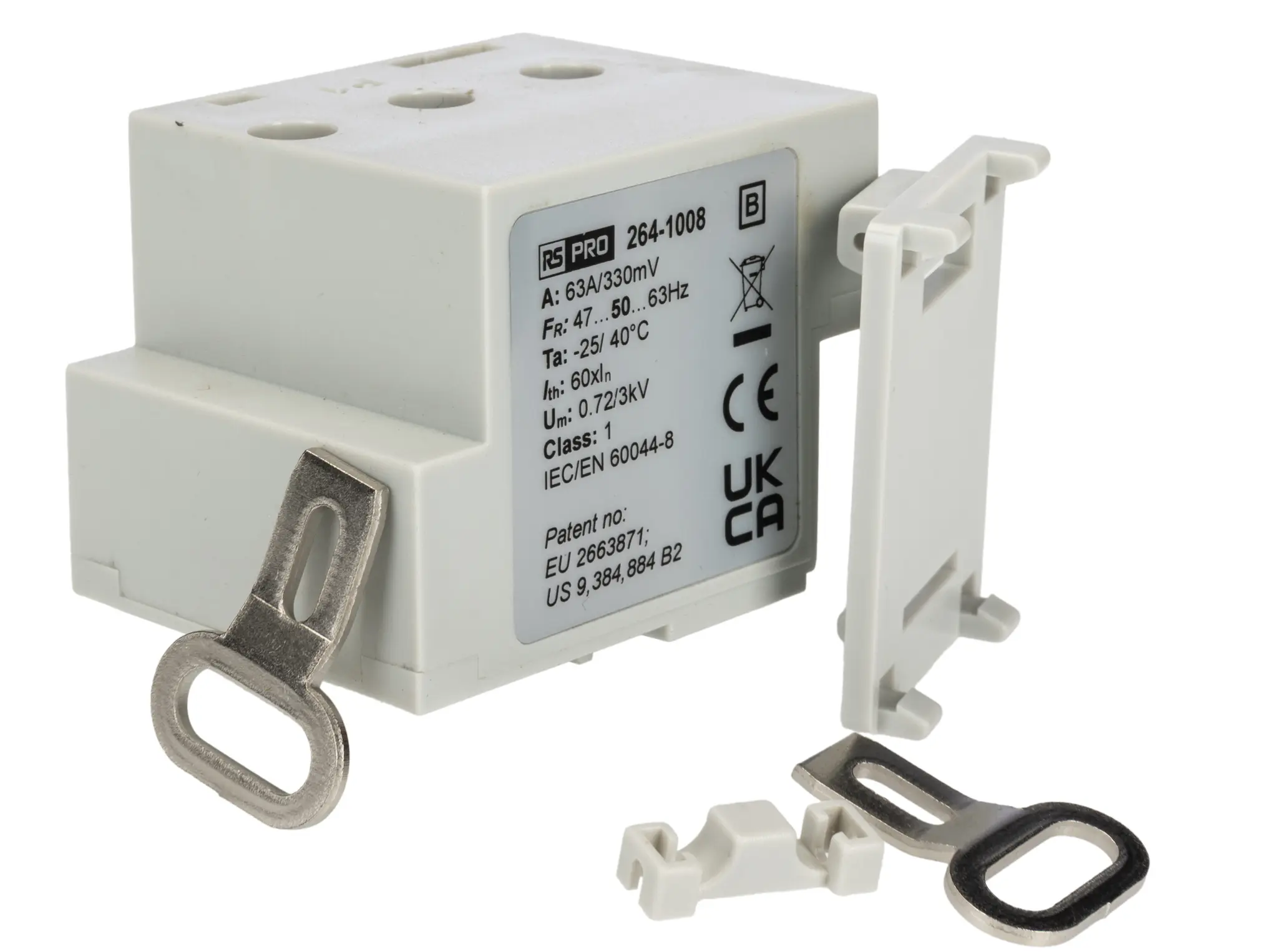 Produktfoto 1 von RS PRO Stromwandler, , Sammelschiene, Fuß, DIN-Schiene, 3 x 63A 63A, Leitermaß 8mm, 61mm x 53mm x 47mm