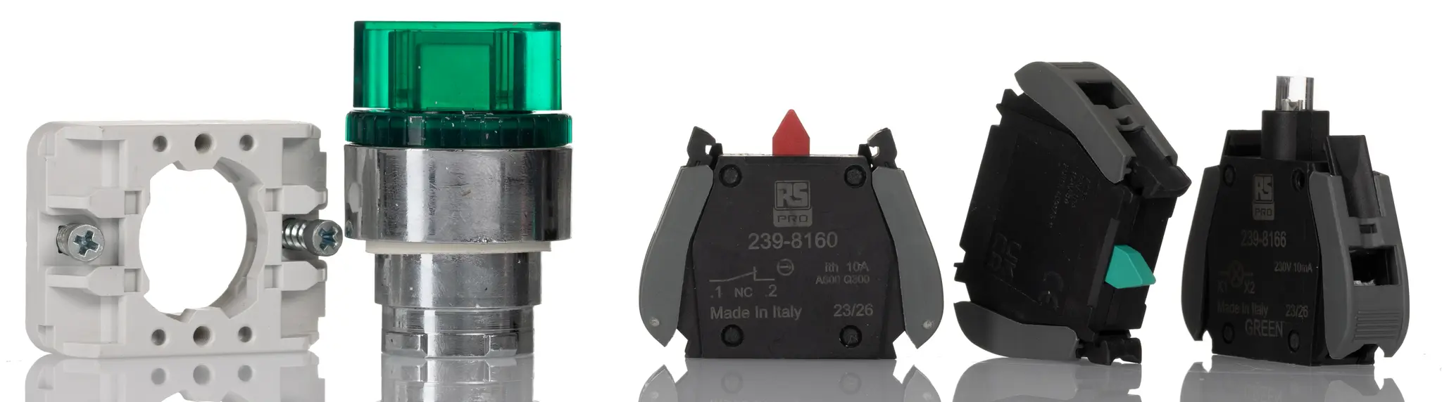 Produktfoto 1 von RS PRO GCX Wahlschalter 2-Stufen Knopf 30 mm Beleuchtet IP65, 1 Schließer/1 Öffner Wurfwinkel 90 °