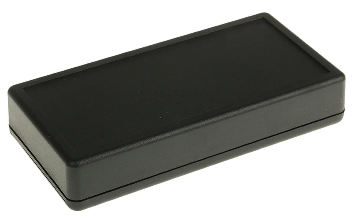 Produktfoto 1 von Hammond Tragbares Gehäuse, Schwer entflammbares ABS, 65 mm Eingebautes Batteriefach, 130 mm, H. 25 mm, Schwarz, IP54
