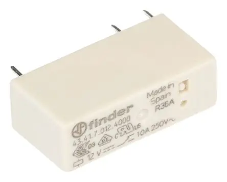 Finder 43 Leistungsrelais 12V dc Spule 1-poliger Umschalter Leiterplattenmontage 10A 580 Ω 0.25 W